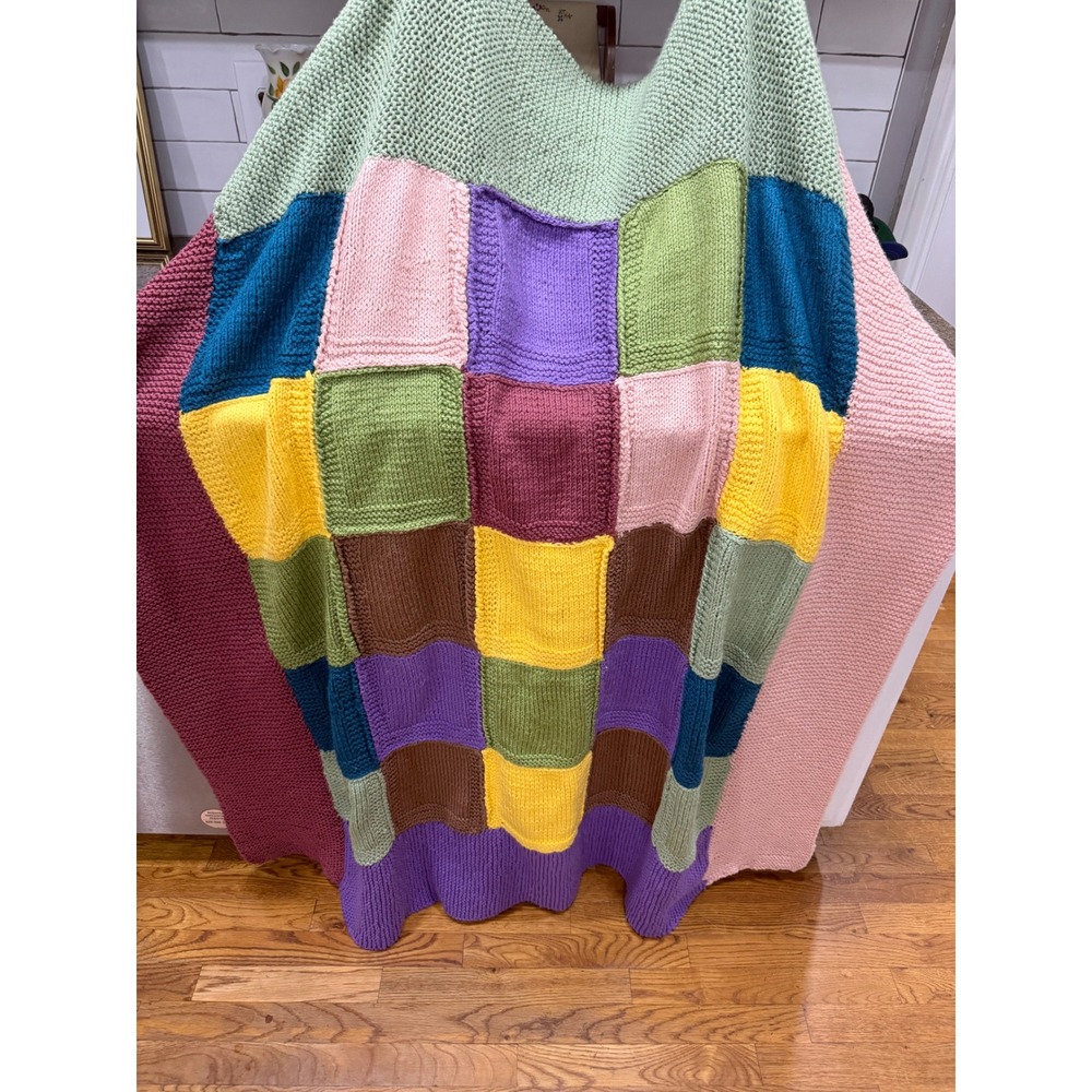 Handmade‎ Knit Patchwork Blanket Multi Color Block Boho Throw 55x59